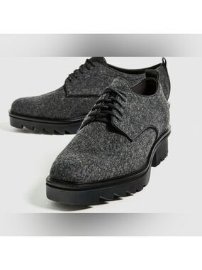 Zara Platform Blucher Track Wool Preppy Collegiate Oxford Chunky Shoes Gray Felt